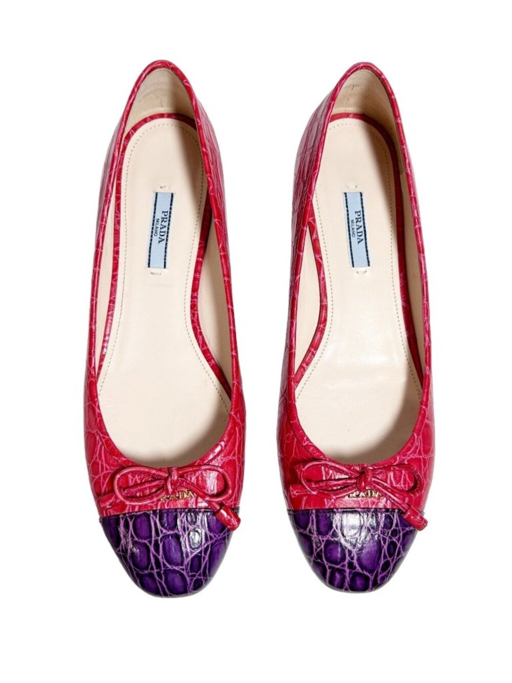 PRADA St. Cocco Bicolo Croc Embossed Leather Bow Flats in Red/Purple - EU Sz 40